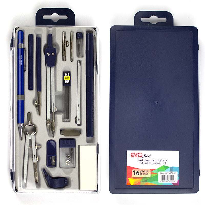 Trusă completă de geometrie conținând un compas metalic principal, mini compas, tijă prelungitoare, creion mecanic, trasatoare de tuș și alte accesorii, organizate în cutie de plastic