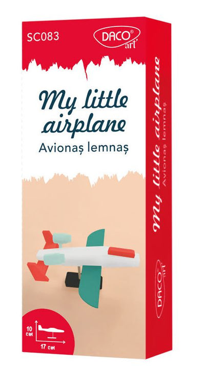 Set creativ DIY Avionaș Lemnaș din lemn DACOart SC083 cu piese de construit și instrucțiuni pentru copii.
