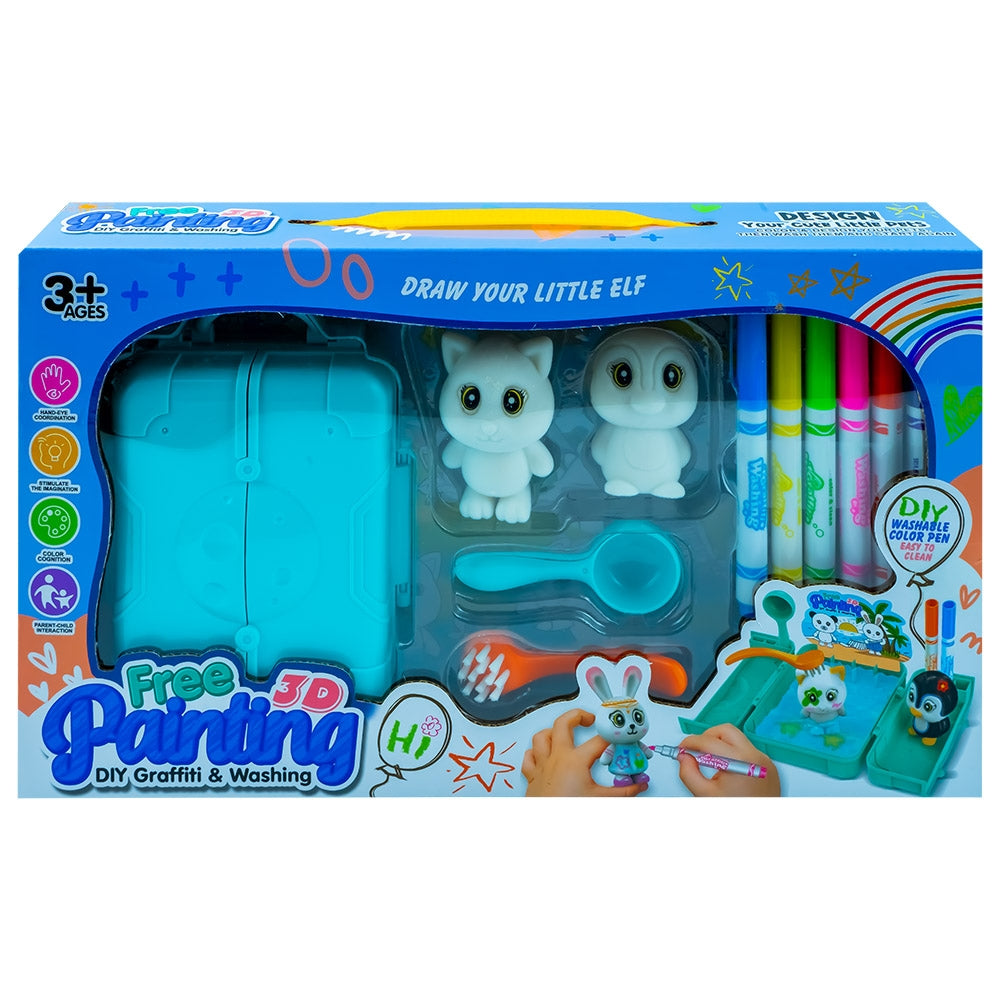 Set creativ cu animăluțe de colorat și spălat, geantă-cadă portabilă și markere lavabile pentru copii.
