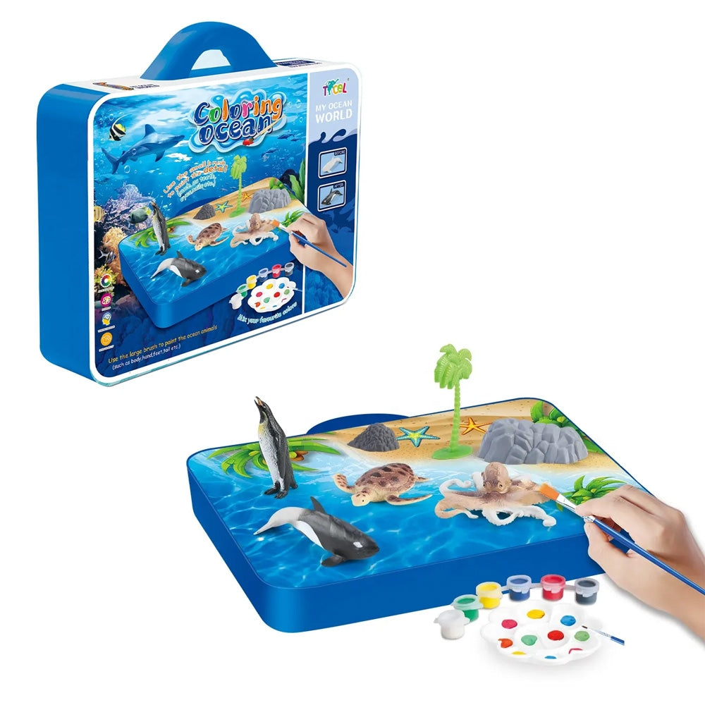 Set creativ de pictură Animale marine cu figurine din plastic, vopsele acrilice și gentuță de transport