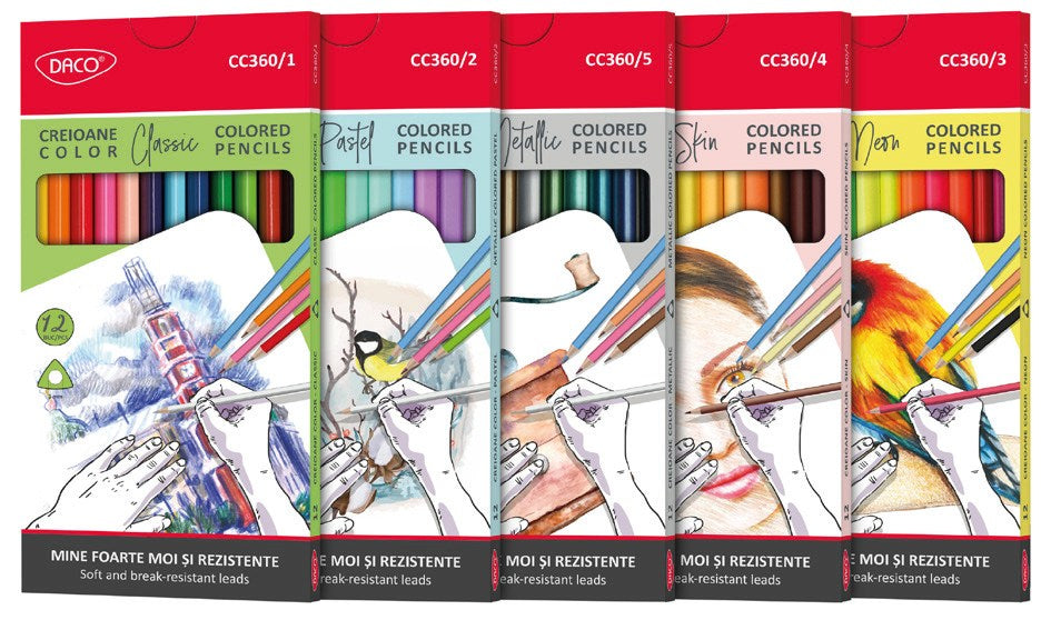 Mega-set de 60 creioane colorate Color me DACO organizate în 5 game cromatice diferite: clasic, pastel, metalic, tonuri neutre și neon cu mină moale de 3 mm