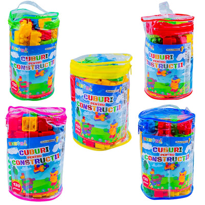 Set cuburi de construcție 130 piese Robentoys în săculeț cilindric pentru copii