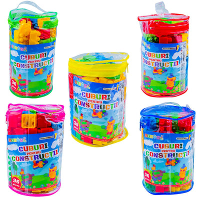 Set cuburi de construcție 36 piese Robentoys în săculeț cilindric pentru copii