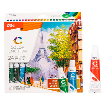 Set complet 24 tuburi culori acrilice Deli de 12 ml paleta extinsa de culori intense pentru pictura si hobby pe diverse suprafete