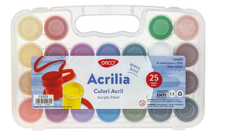 Set complet 25 culori acrilice lavabile 20 ml tuburi vopsea intensa pentru pictura pe panza hartie si proiecte creative elevi