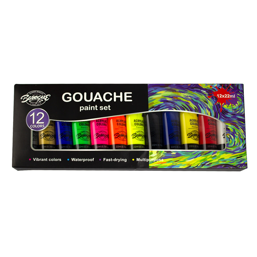 Set de 12 culori guasa profesionale la tub de 22 ml culori intense mate si opace pentru ilustratie si desen
