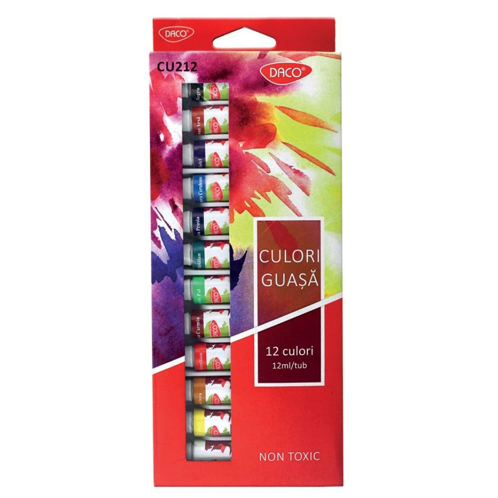 Set 12 culori guasa DACO tuburi 12 ml pictura opaca pe hartie si carton pentru elevi si artisti