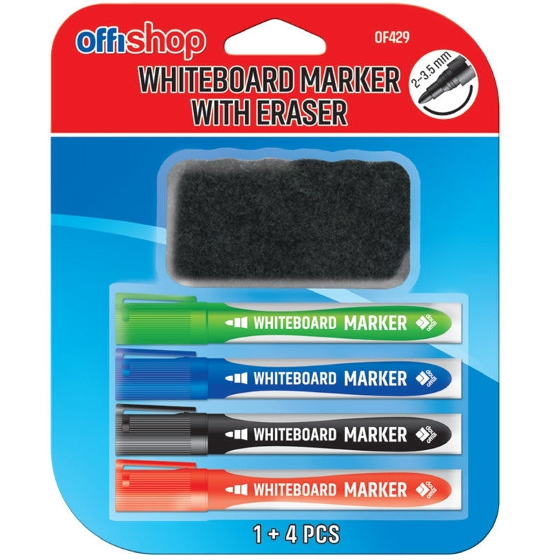 Set 4 markere tabla magnetica OFFISHOP negru rosu albastru verde si burete varf rotund 2-3.5mm uscare rapida