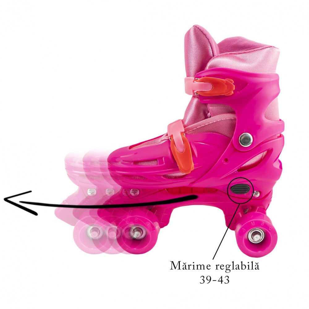 Set patine cu rotile+casca+cotiere+genunchiere, roz, L (39-43)