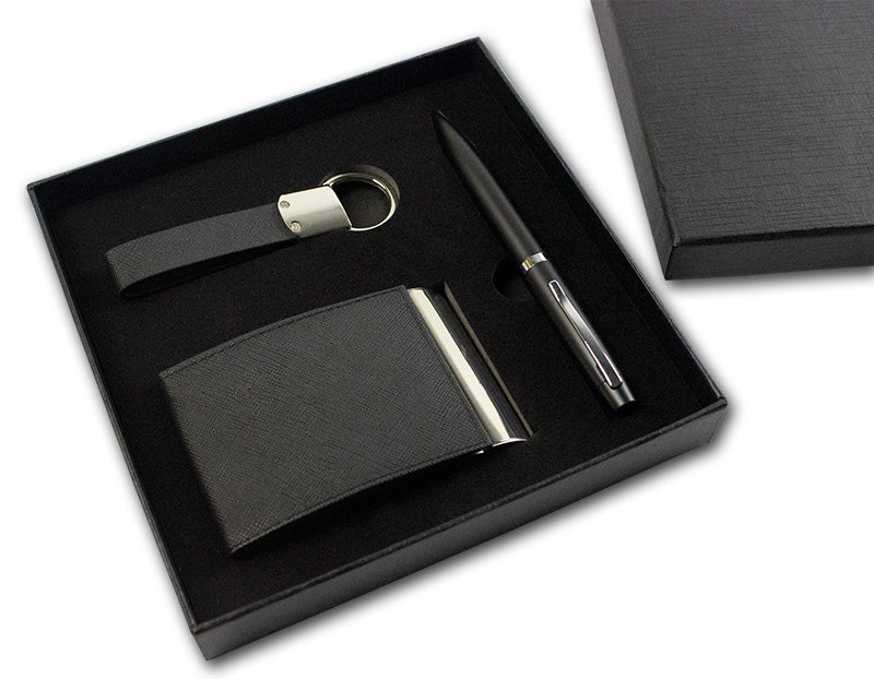 Set Pix Metalic Negru, Breloc, Port Carti Vizita Imitatie Piele, Cutie Carton Evoffice