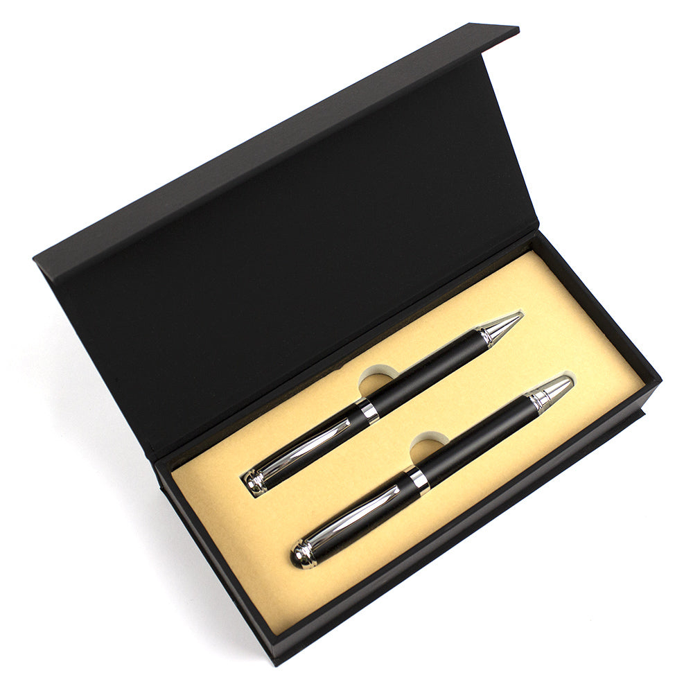 Set Pix Si Stilou Metalic, Pen Din Iridium, Corp Negru, Accesorii Cromate, Cutie Lemn Caserat Negru Evoffice