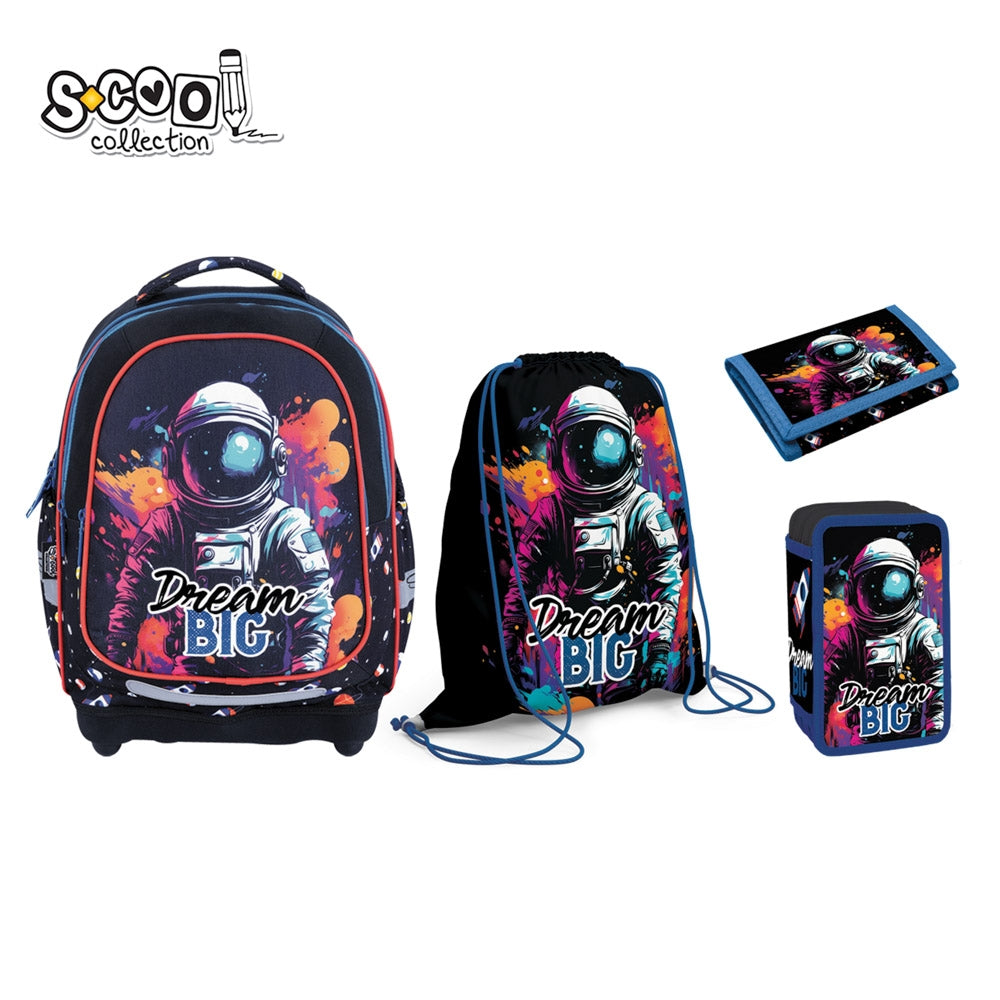 Set scolar 4 in 1 pentru baieti S-COOL model Dream Big cu ghiozdan anatomic baza EVA penar echipat 32 piese sac sport si portofel tematic