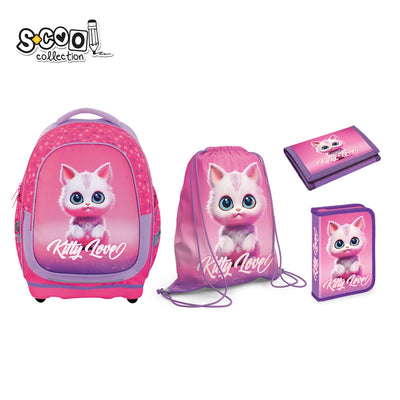 Set scolar 4 in 1 fete S-COOL Kitty Love cu ghiozdan anatomic baza EVA penar echipat cu sclipici 32 piese sac sport si portofel roz