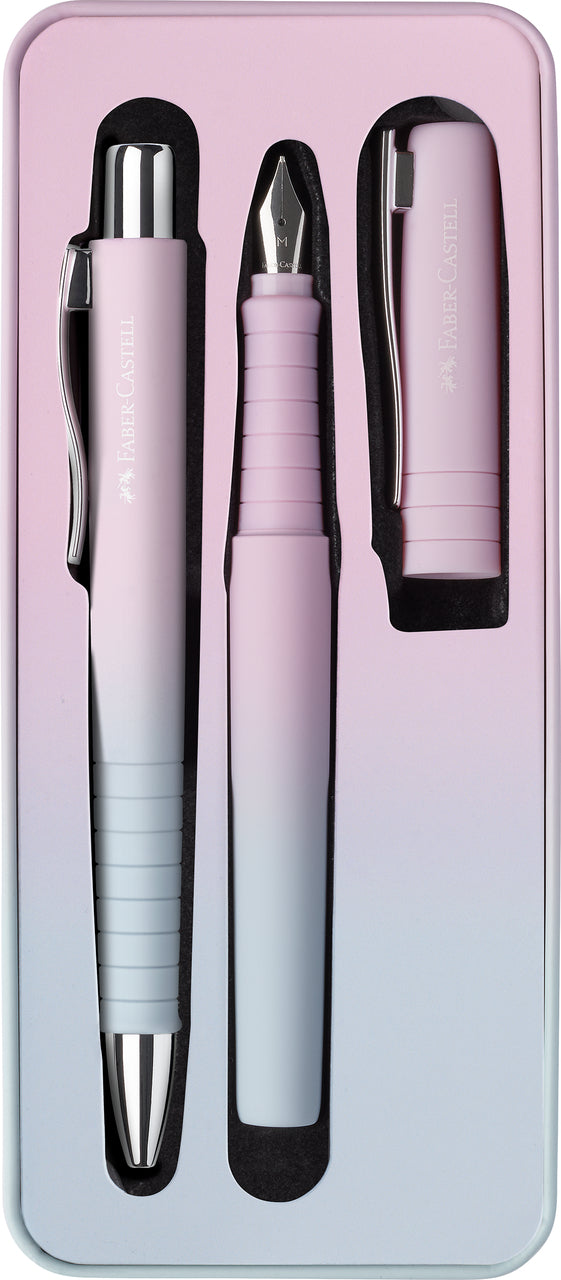 Set cadou stilou și pix Faber-Castell Poly Flow roz-bleu cu design gradient din plastic reciclat