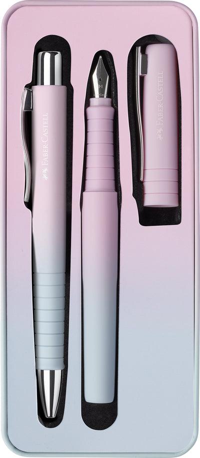 Set cadou stilou și pix Faber-Castell Poly Flow roz-bleu cu design gradient din plastic reciclat