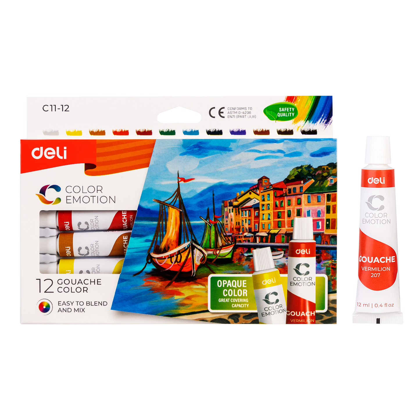 Cutie cu 12 tuburi de culori tempera Deli de 12 ml culori vibrante mate pentru pictura pe hartie si carton la scoala