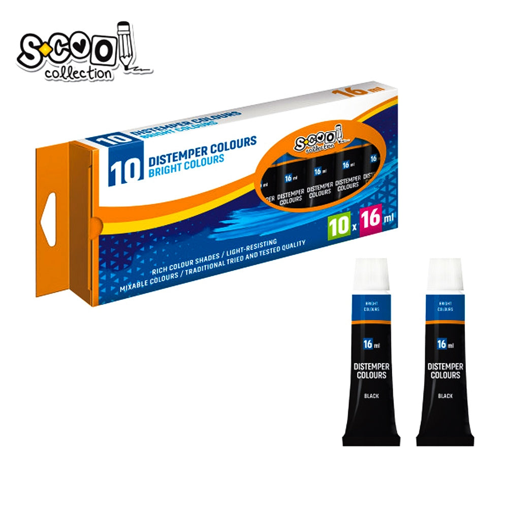 Set de 10 tuburi de vopsea tempera neagră S-COOL, 16 ml per tub, pigment intens pentru contururi și pictură școlară