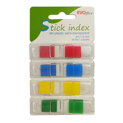 Stick Index Plastic Cu Dispencer 44*12Mm, 4Culori Neon Semi-Transparente 35File Evoffice