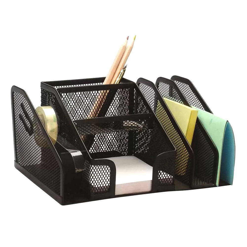 Suport Metalic 6 Compartimente Si Dispenser Banda Adeziva Negru Evoffice