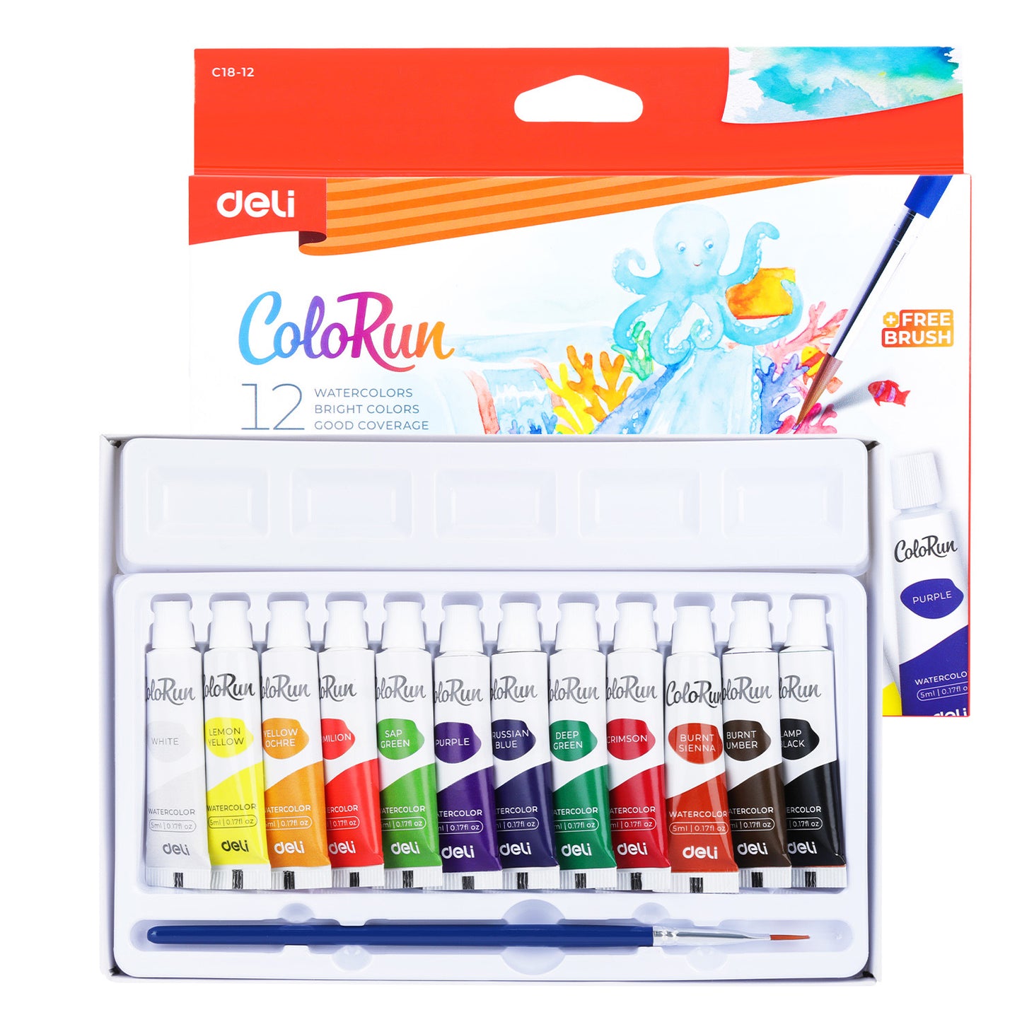 Set culori tempera 12 tuburi a câte 5 ml cu pensulă inclusă Deli pentru pictură și școală