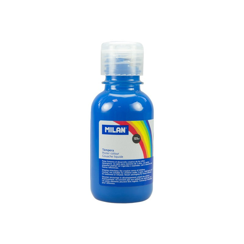 Flacon 125 ml vopsea tempera albastru deschis cyan MILAN cu capac dozator pentru pictură școlară și proiecte creative