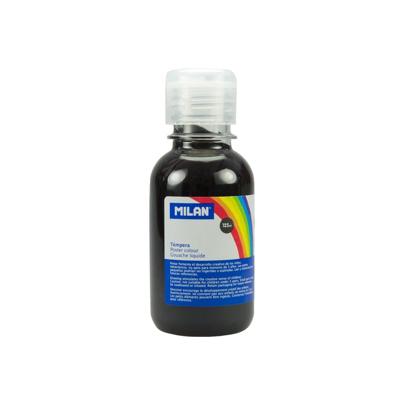 Flacon 125 ml vopsea tempera neagră MILAN cu capac dozator pentru pictură școlară, contururi și proiecte creative