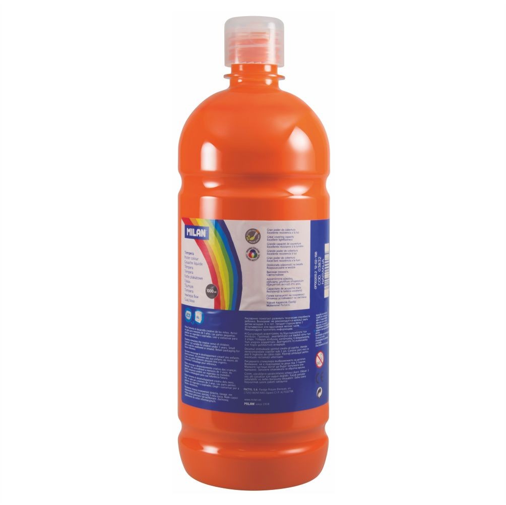 Flacon 1000 ml vopsea tempera portocaliu MILAN pentru activități artistice, pictură pe carton și proiecte creative de grup