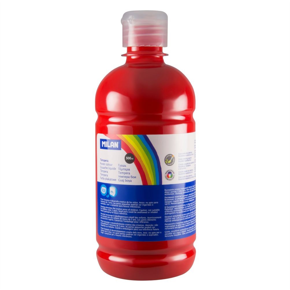 Flacon 500 ml vopsea tempera roșu vermilion MILAN pentru pictură școlară, contraste puternice și proiecte creative vibrante