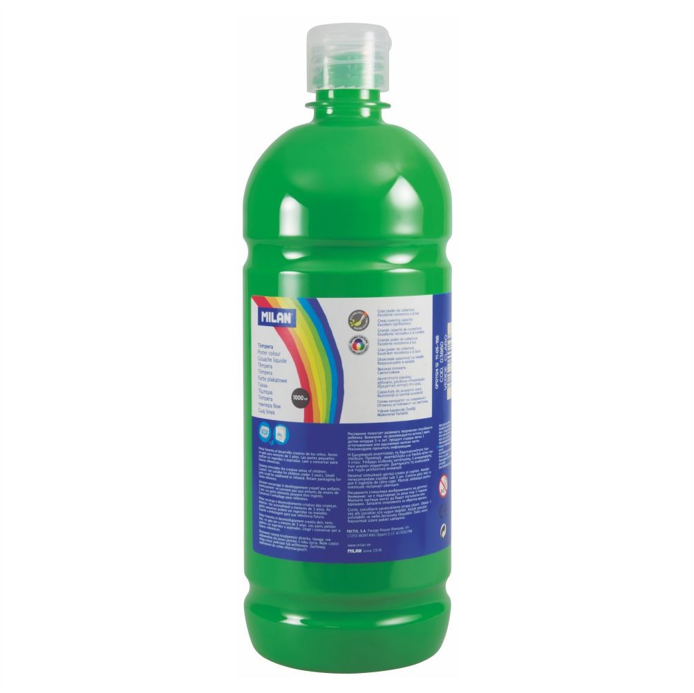 Flacon 1000 ml vopsea tempera verde deschis MILAN pentru activități artistice, pictură pe carton și proiecte școlare creative