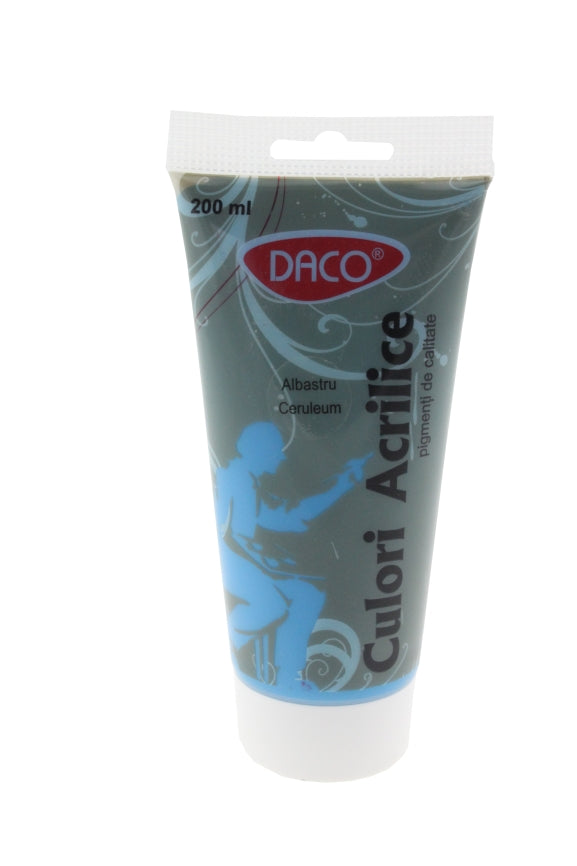 Tub vopsea acrilica DACO Albastru Ceruleum 200 ml pigment albastru cer senin pentru pictura pe panza lemn si proiecte artistice