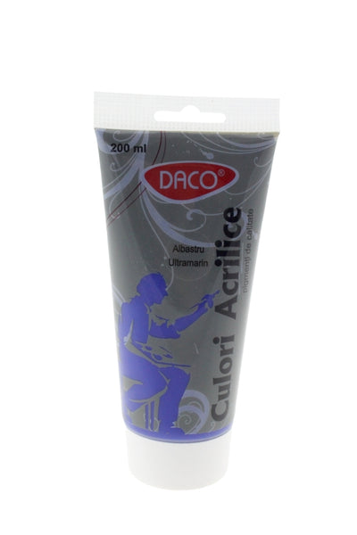 Tub vopsea acrilica DACO Albastru Ultramarin 200 ml pigment albastru intens pentru pictura pe panza lemn si proiecte de mari dimensiuni