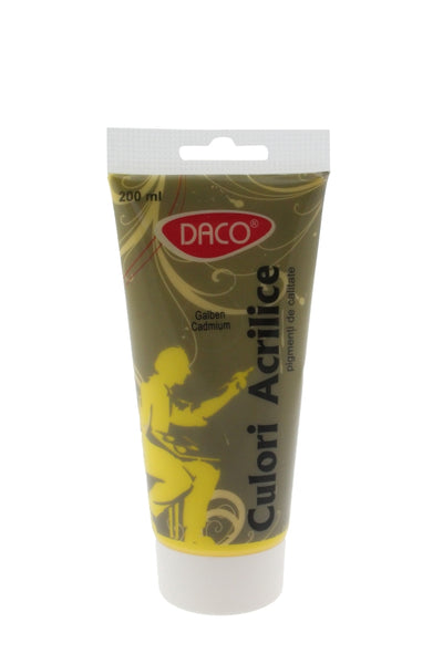 Tub vopsea acrilica DACO culoare Galben Cadmiu 200 ml pigment intens si luminos pentru pictura pe panza lemn si proiecte creative