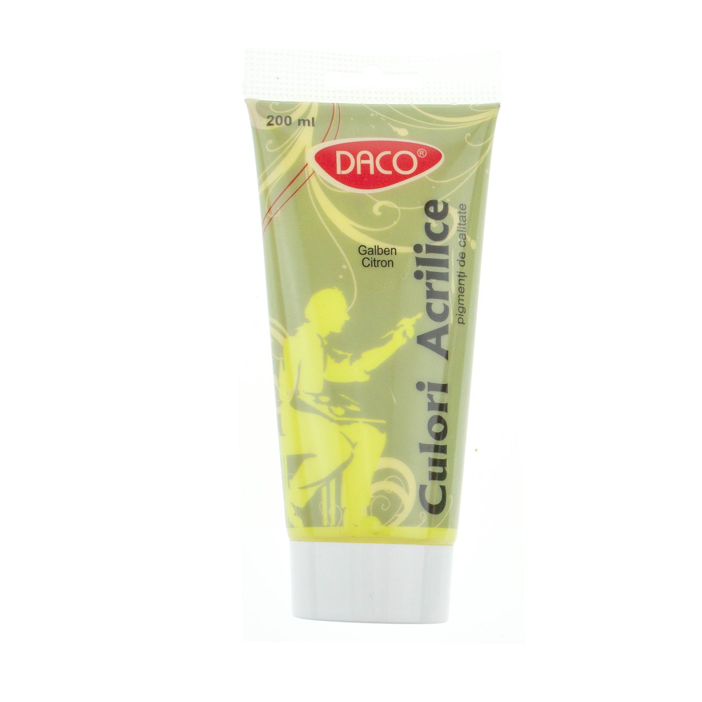 Tub vopsea acrilica DACO culoare Galben Citron 200 ml pigment luminos pentru pictura pe panza lemn si proiecte artistice moderne