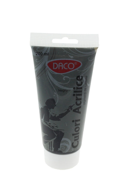 Tub vopsea acrilica DACO culoare negru 200 ml pigment intens acoperire uniforma pentru pictura pe panza lemn si contururi decorative