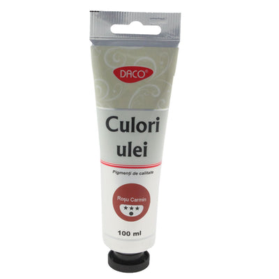 Tub mare 100 ml vopsea de ulei DACO culoare Rosu Carmin pigment intens pentru pictura portrete si flori pe panza