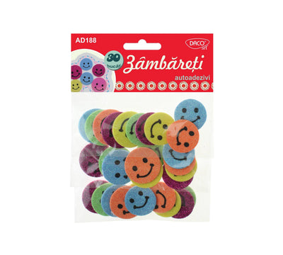 Set de 30 figurine zâmbăreți din spumă glitter autoadezivă în 5 culori și 2 dimensiuni, brand DACO Art, cod AD188