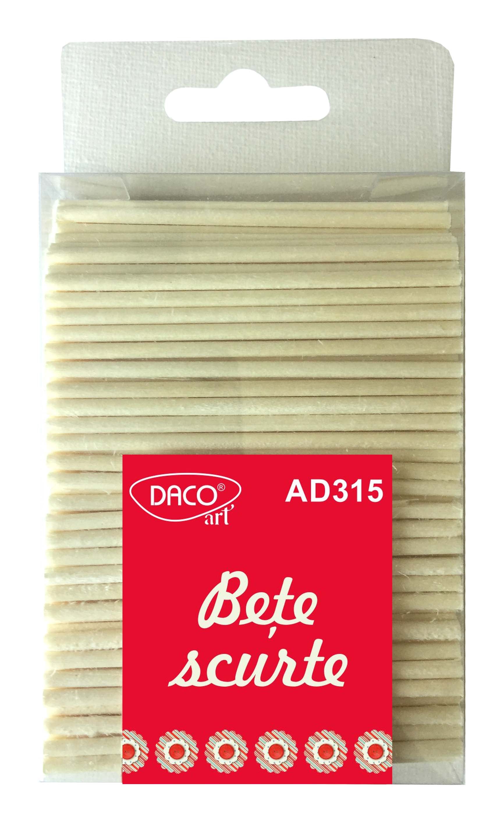 Set de 200 de bețe scurte din lemn natural cu lungimea de 8 cm și diametrul de 3 mm, brand DACOart, cod AD315, ideale pentru machete și proiecte craft.
