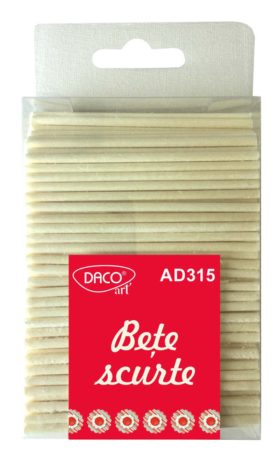 Set de 200 de bețe scurte din lemn natural cu lungimea de 8 cm și diametrul de 3 mm, brand DACOart, cod AD315, ideale pentru machete și proiecte craft.