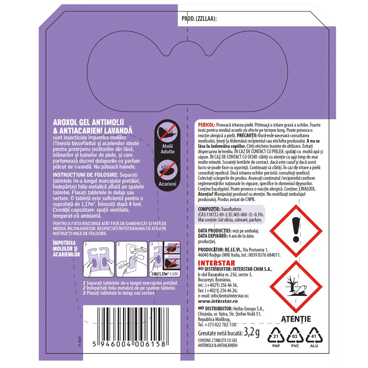 Gel antimolii si acarieni Aroxol Lavanda, 2 buc