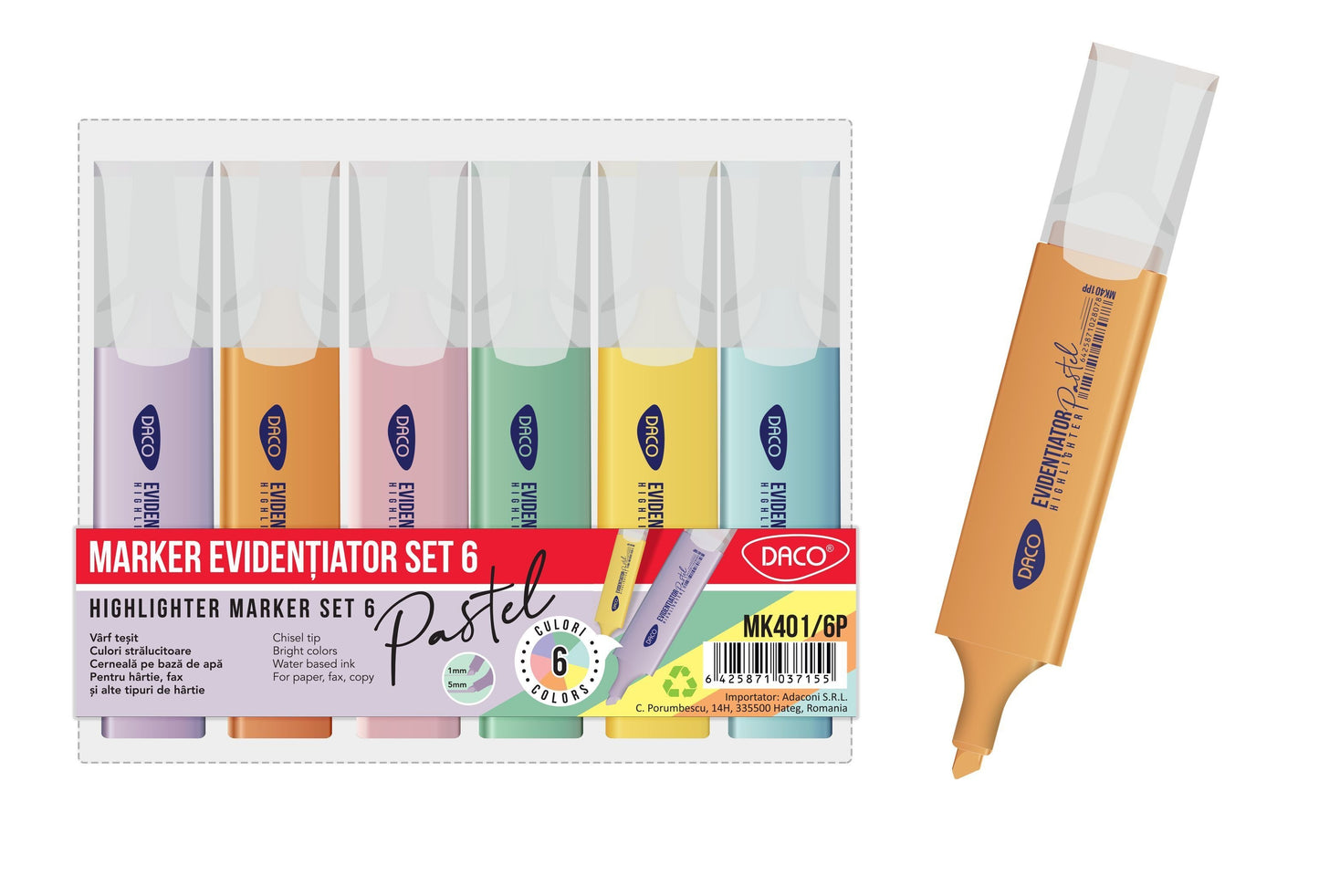 MARKER EVIDENTIATOR PASTEL SET 6 DACO MK401/6P