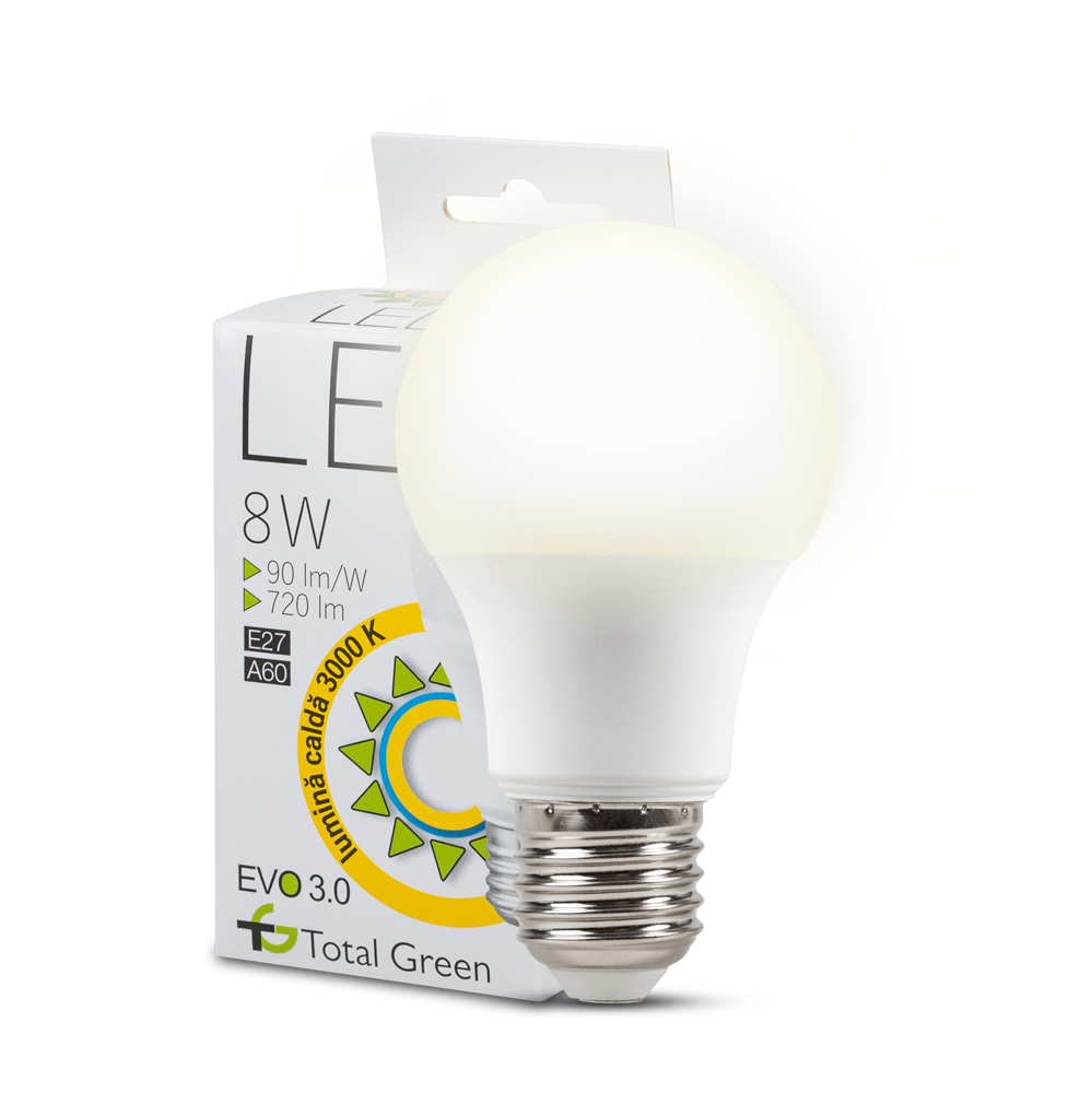 Bec LED EVO 3.0 A60 8W E27 3000K, Total Green