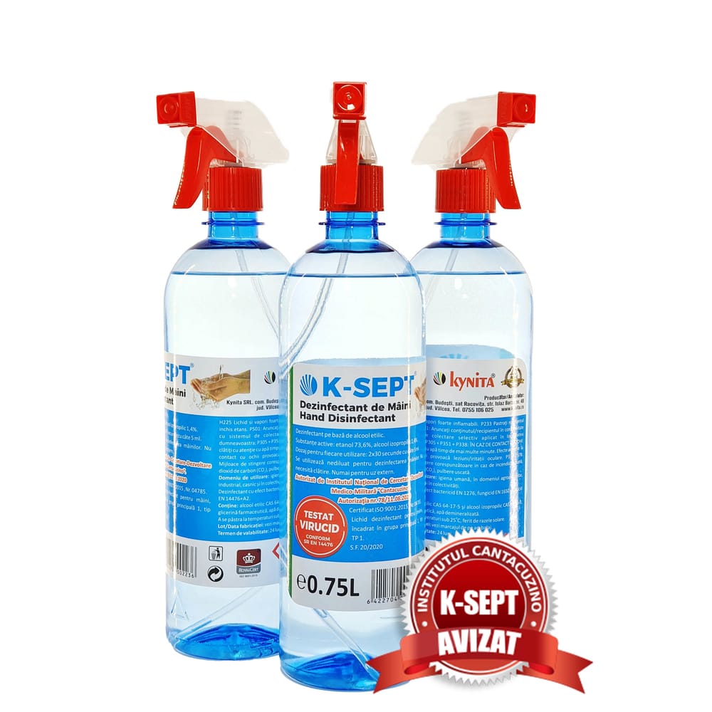 Dezinfectant de maini solutie 75% alcool K-sept 0,75l cu pulverizator