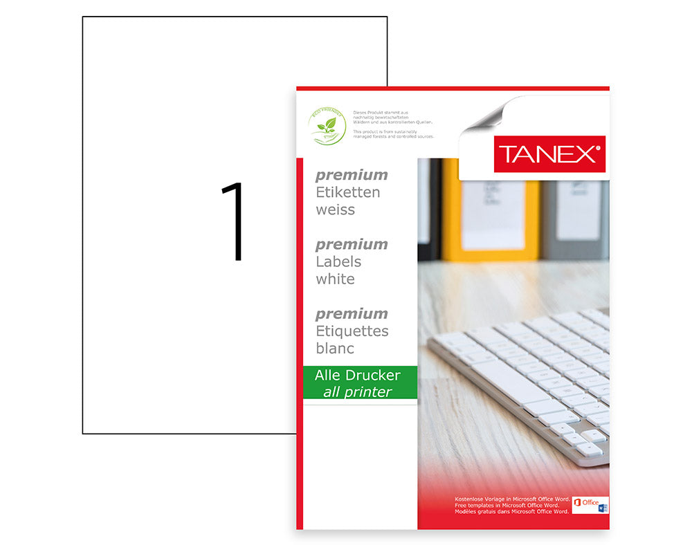 Etichetele 1/A4 colturi drepte TANEX sunt compatibile atat cu imprimantele laser cat si cu cele cu jet de cerneala. Numar etichete/coala: 1/A4. Dimensiune: 210x297 mm. Culoare: alb. Model etichete: colturi drepte Ambalare: 100 coli/top.