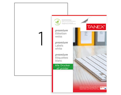 Etichetele 1/A4 colturi drepte TANEX sunt compatibile atat cu imprimantele laser cat si cu cele cu jet de cerneala. Numar etichete/coala: 1/A4. Dimensiune: 210x297 mm. Culoare: alb. Model etichete: colturi drepte Ambalare: 100 coli/top.