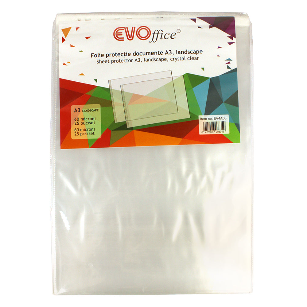 Folie protectie documente A3 landscape, cristal, 60 microni, 25buc/set EVOffice