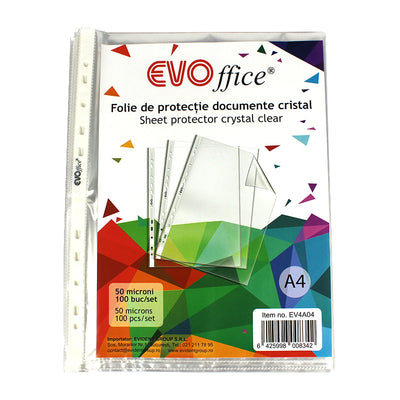 Folie protectie documente A4, cristal, 50 microni, 100 buc/set EVOffice