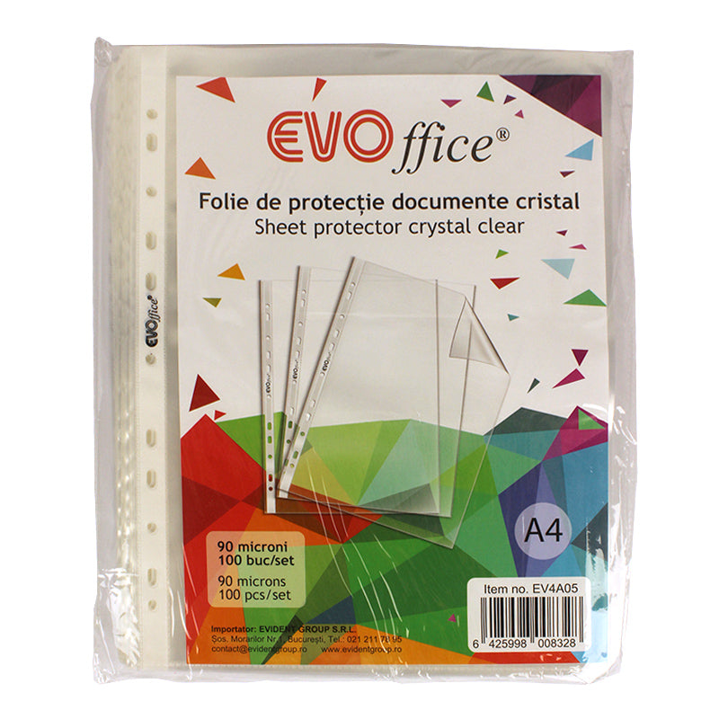 Folie protectie documente A4 cristal, 90 microni, 100 buc/set EVOffice