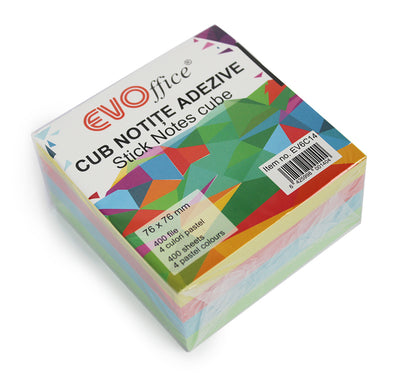 Notes autoadeziv cub color 76*76 mm, 400 file, 4 culori pastel EVOffice