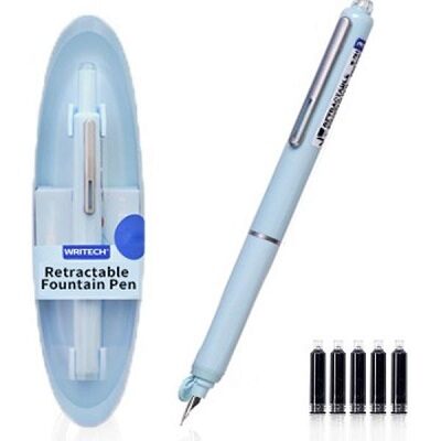Stilou retractabil Writech corp albastru cu cutie cadou si 5 patroane cerneala albastre