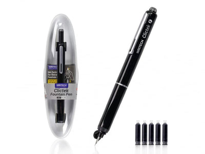 Stilou retractabil Writech corp negru cu cutie cadou si 5 patroane cerneala albastre